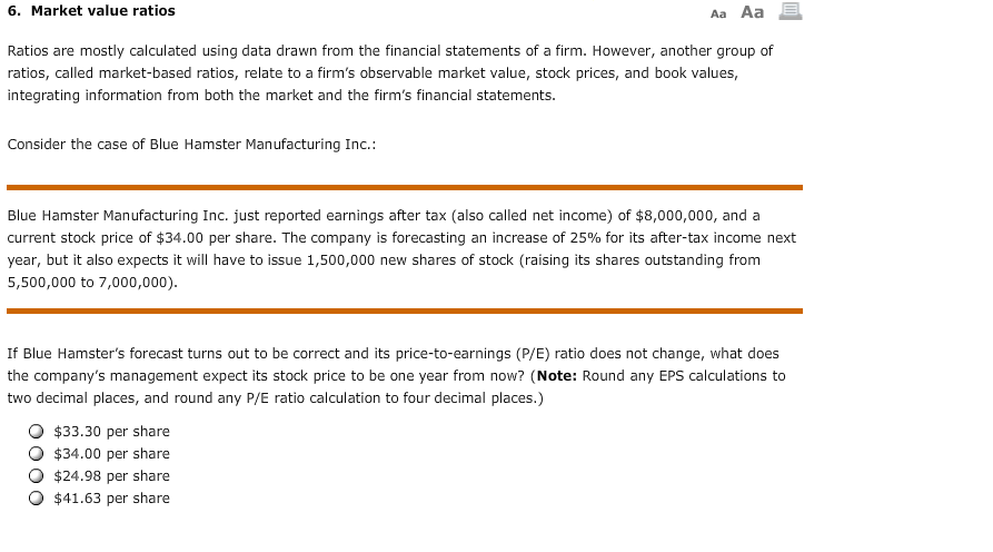 Solved 6 Market Value Ratios Aa Aa E Ratios Are Mostly C
