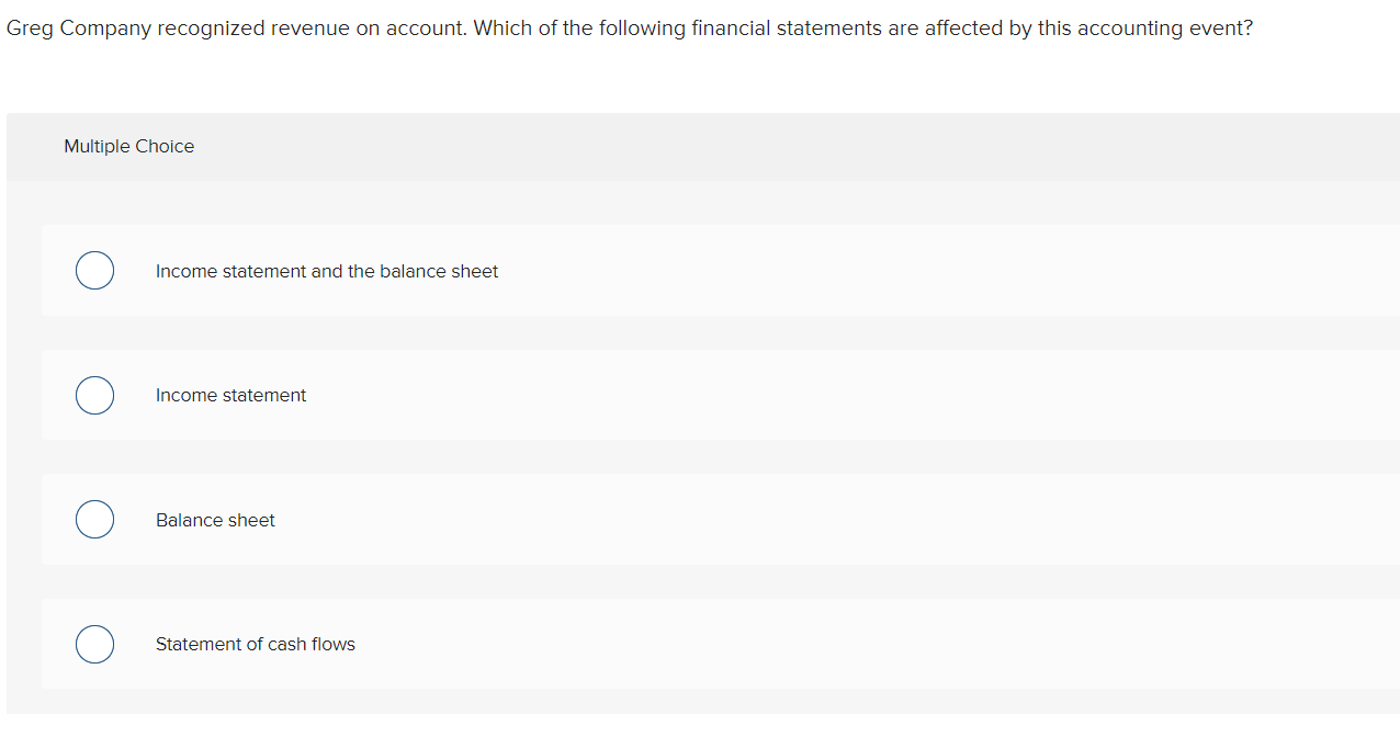 Solved Greg Company recognized revenue on account. Which of | Chegg.com