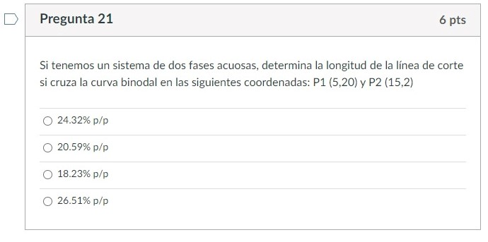 Si tenemos un sistema de dos fases acuosas, determina la longitud de la línea de corte si cruza la curva binodal en las sigui