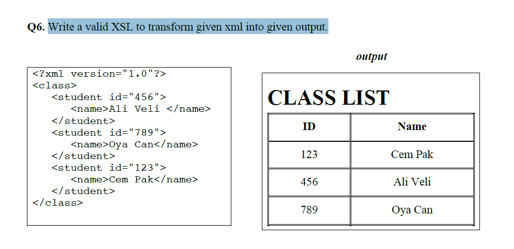 Solved Q6. ﻿Write a valid XSL to transform given xml into | Chegg.com