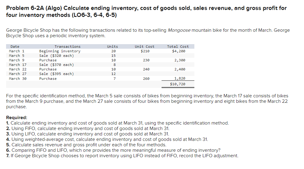 Solved Problem 6-2A (Algo) Calculate Ending Inventory, Cost | Chegg.com