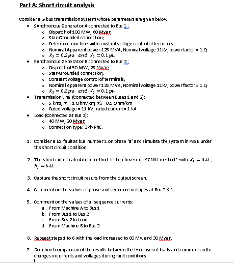 Solved Part A: Short circuit analysis Oonsidera 2-bus | Chegg.com