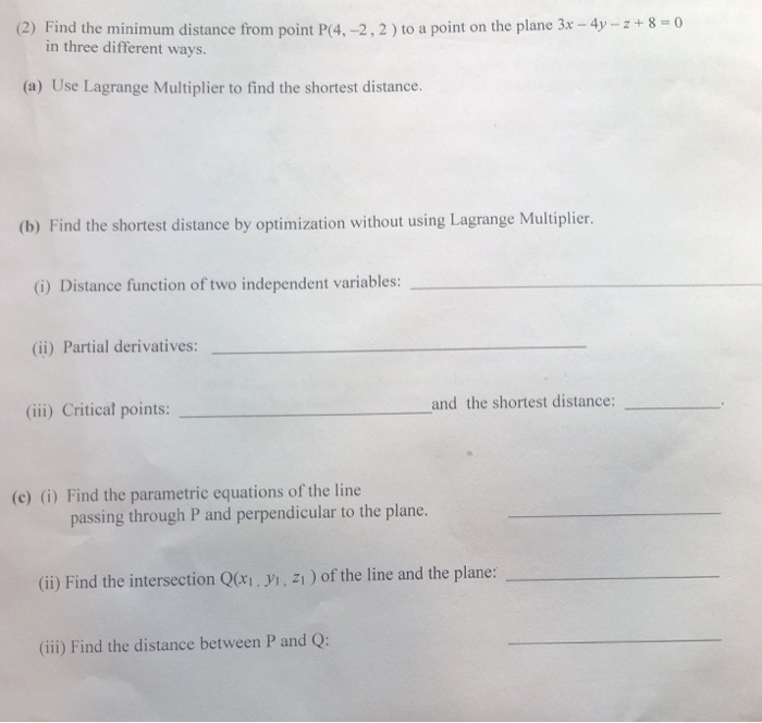 Solved (2) Find the minimum distance from point P(4, -2, 2) | Chegg.com