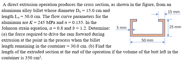 Solved A direct extrusion operation produces the cross | Chegg.com