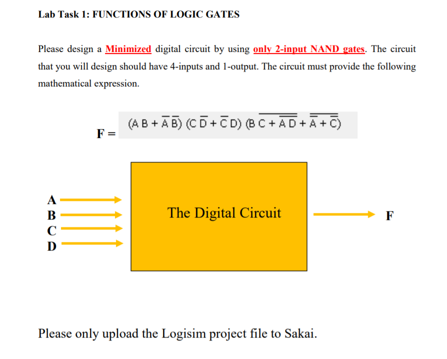 Solved Lab Task 1: FUNCTIONS OF LOGIC GATES Please design a | Chegg.com