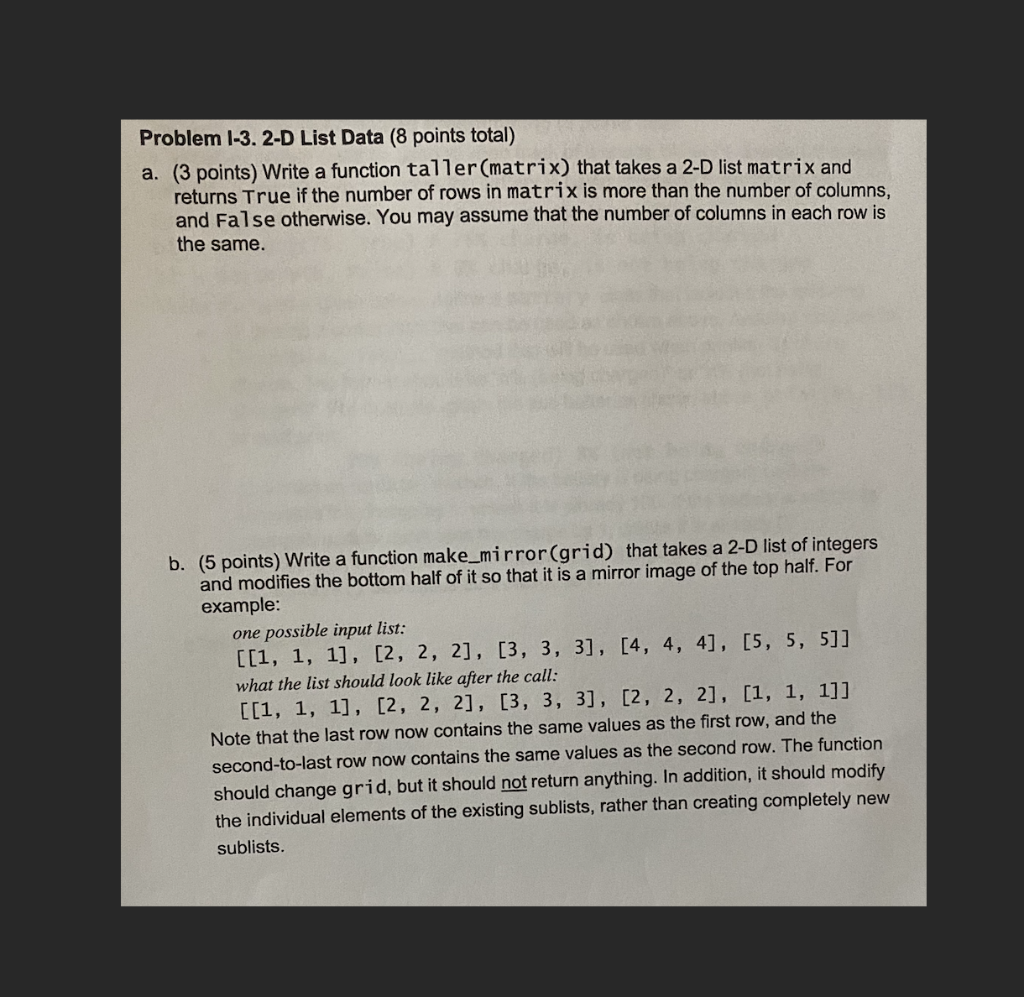 Solved Problem 1-3. 2-D List Data (8 points total) a. (3 | Chegg.com