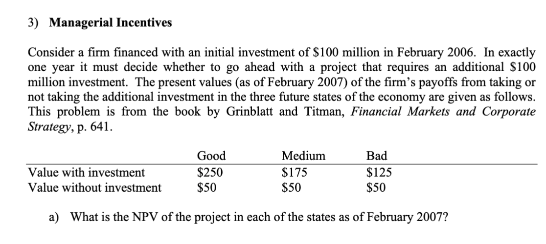 Solved 3) Managerial Incentives Consider a firm financed | Chegg.com