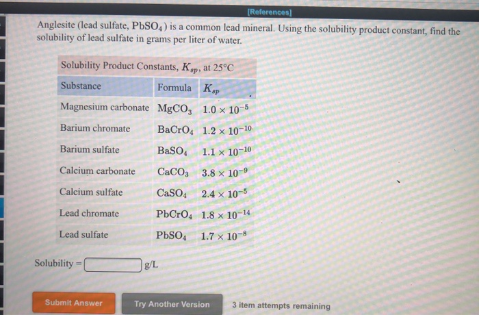 Is Lead Sulfate Soluble In Water Solved [References] Anglesite (lead sulfate, PBSO4) is a | Chegg.com