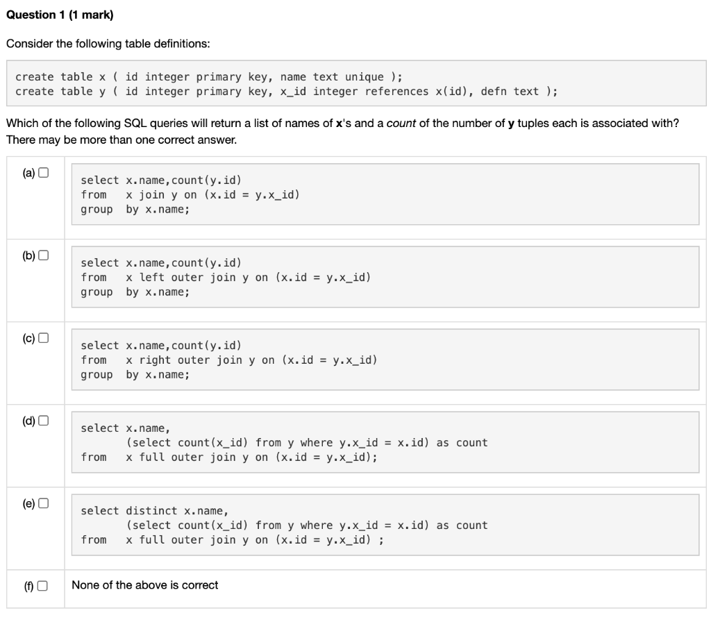 Solved Question 1 (1 mark) Consider the following table | Chegg.com