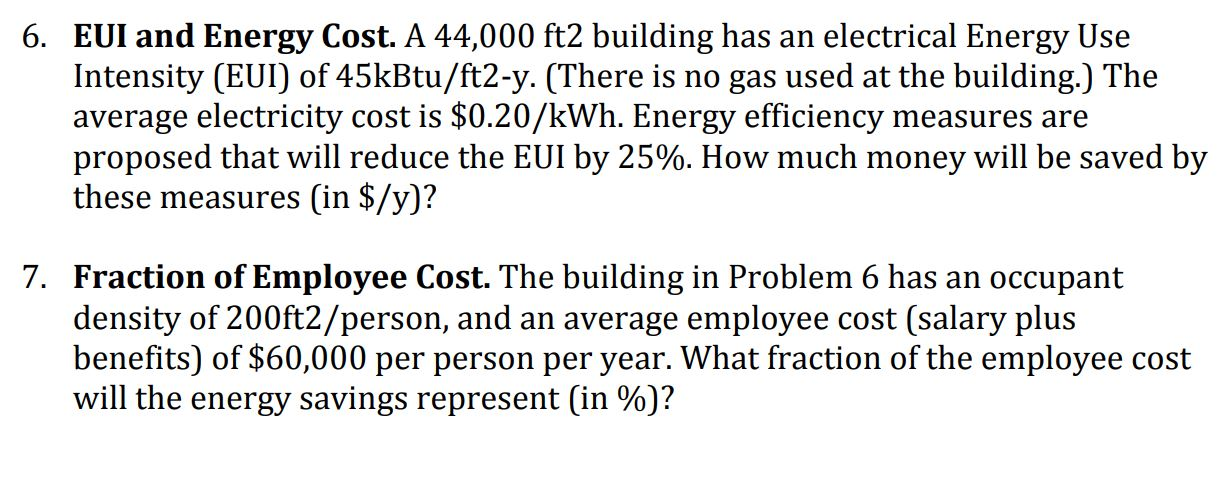 Solved 6. EUI and Energy Cost. A 44,000 ft2 building has an | Chegg.com