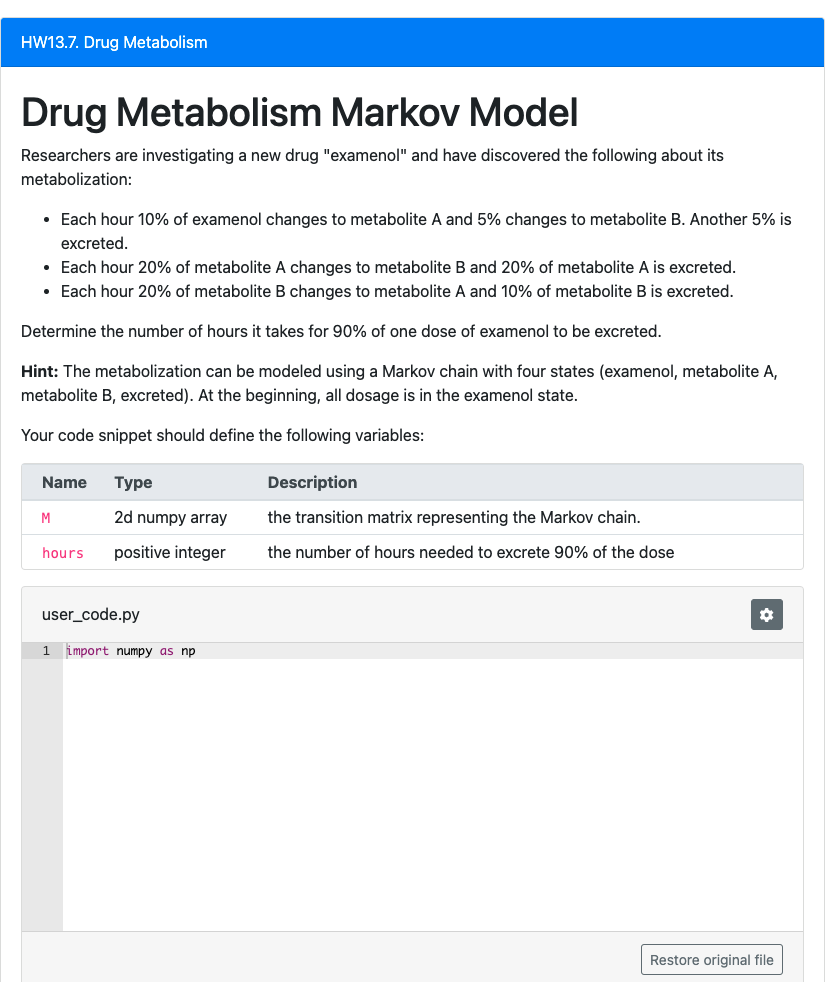 Solved Drug Metabolism Markov Model Researchers are | Chegg.com