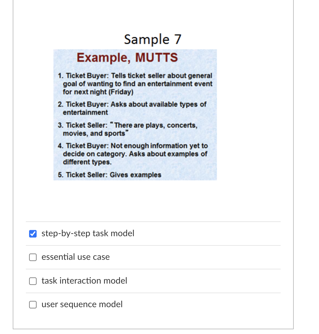 Solved Sample 7 Example, MUTTS 1. Ticket Buyer: Tells ticket | Chegg.com