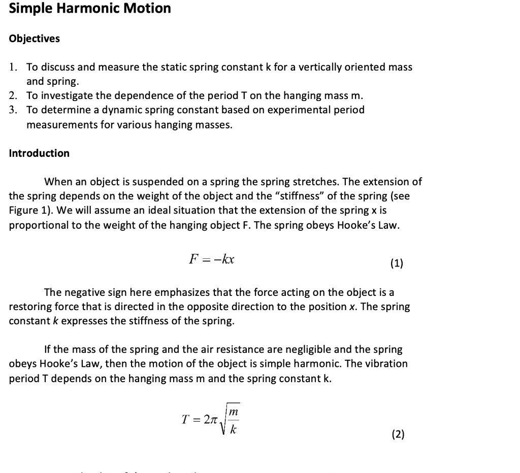 Solved Simple Harmonic Motion Objectives 1. To discuss and | Chegg.com
