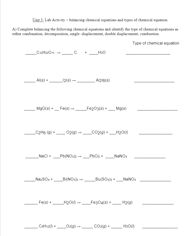 Solved Unit 3: Lab Activity – balancing chemical equations | Chegg.com