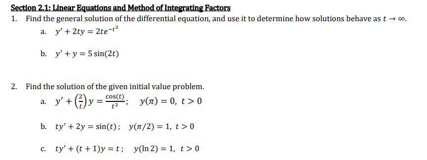 Solved Section 2.1: Linear Equations and Method of | Chegg.com