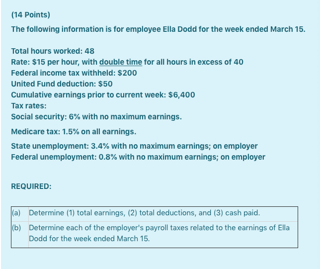 Solved (14 Points) The following information is for employee | Chegg.com