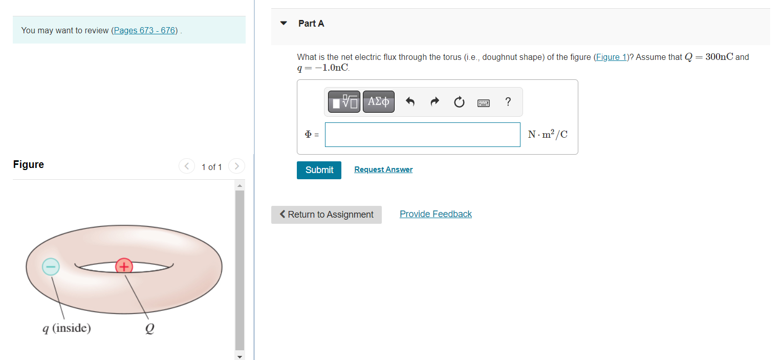 You may want to review (Pages 673-676)
Figure
q (inside)
1 of 1
Part A
What is the net electric flux through the torus (i.e.,