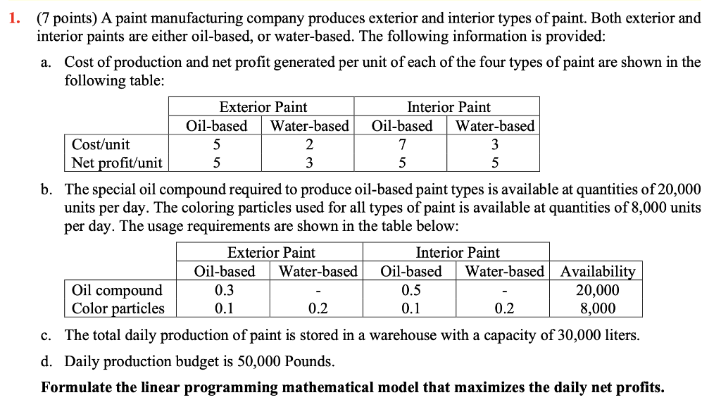 1. (7 points) A paint manufacturing company produces