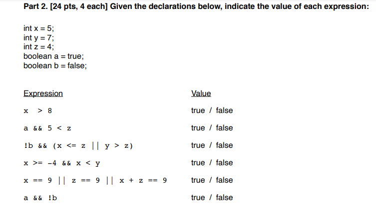 Solved Part 2. [24 pts, 4 each] Given the declarations | Chegg.com