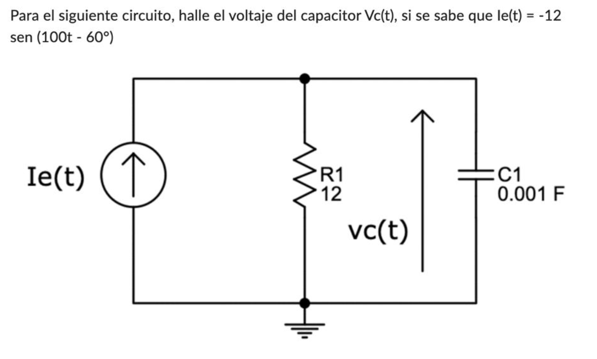 Para el siguiente circuito, halle el voltaje del capacitor \( V c(t) \), si se sabe que le(t) \( =-12 \) \( \operatorname{sen