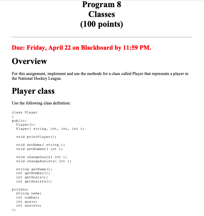 Solved Program 8 Classes (100 points) Due: Friday, April 22 | Chegg.com