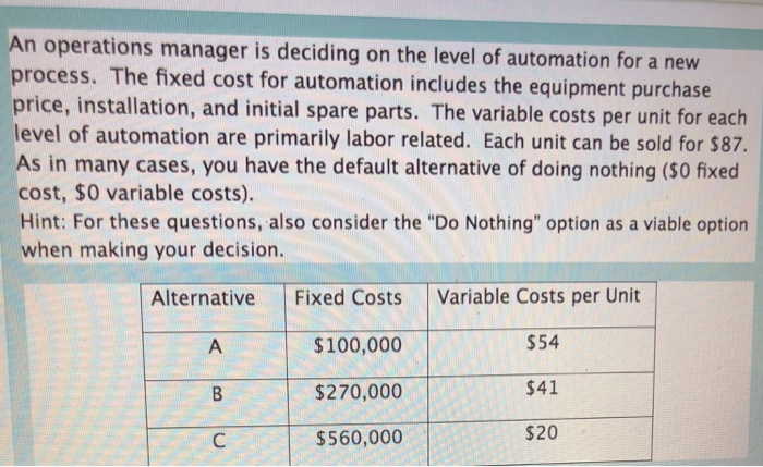 Solved An operations manager is deciding on the level of | Chegg.com