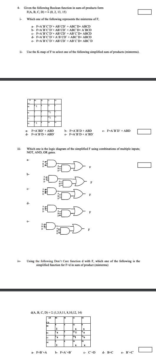 Solved 4- Given The Following Boolean Function In | Chegg.com