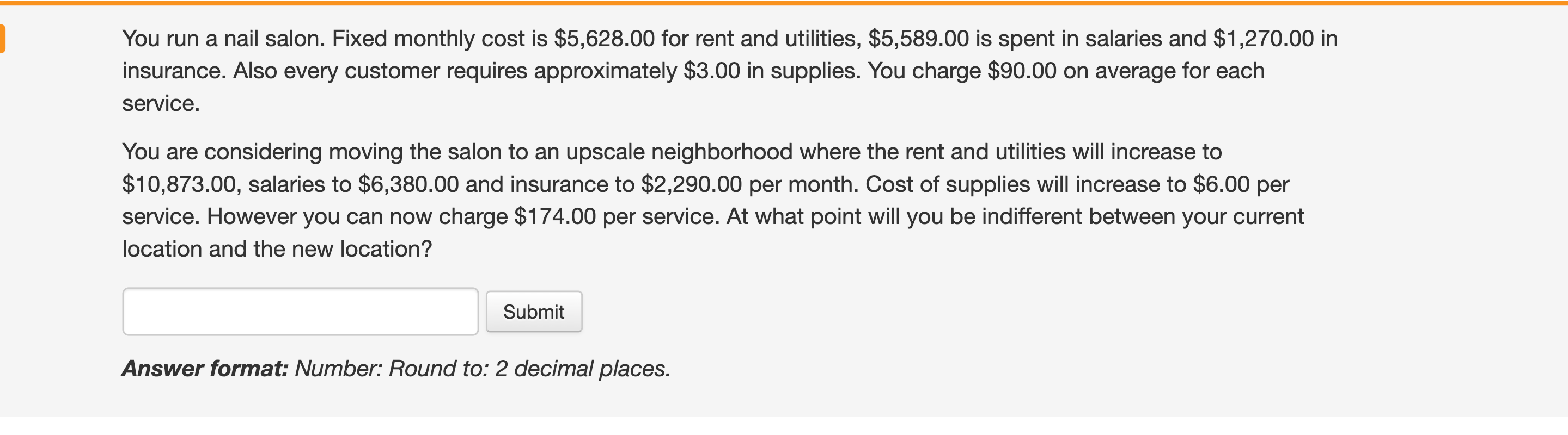 Solved You run a nail salon. Fixed monthly cost is 5,628.00
