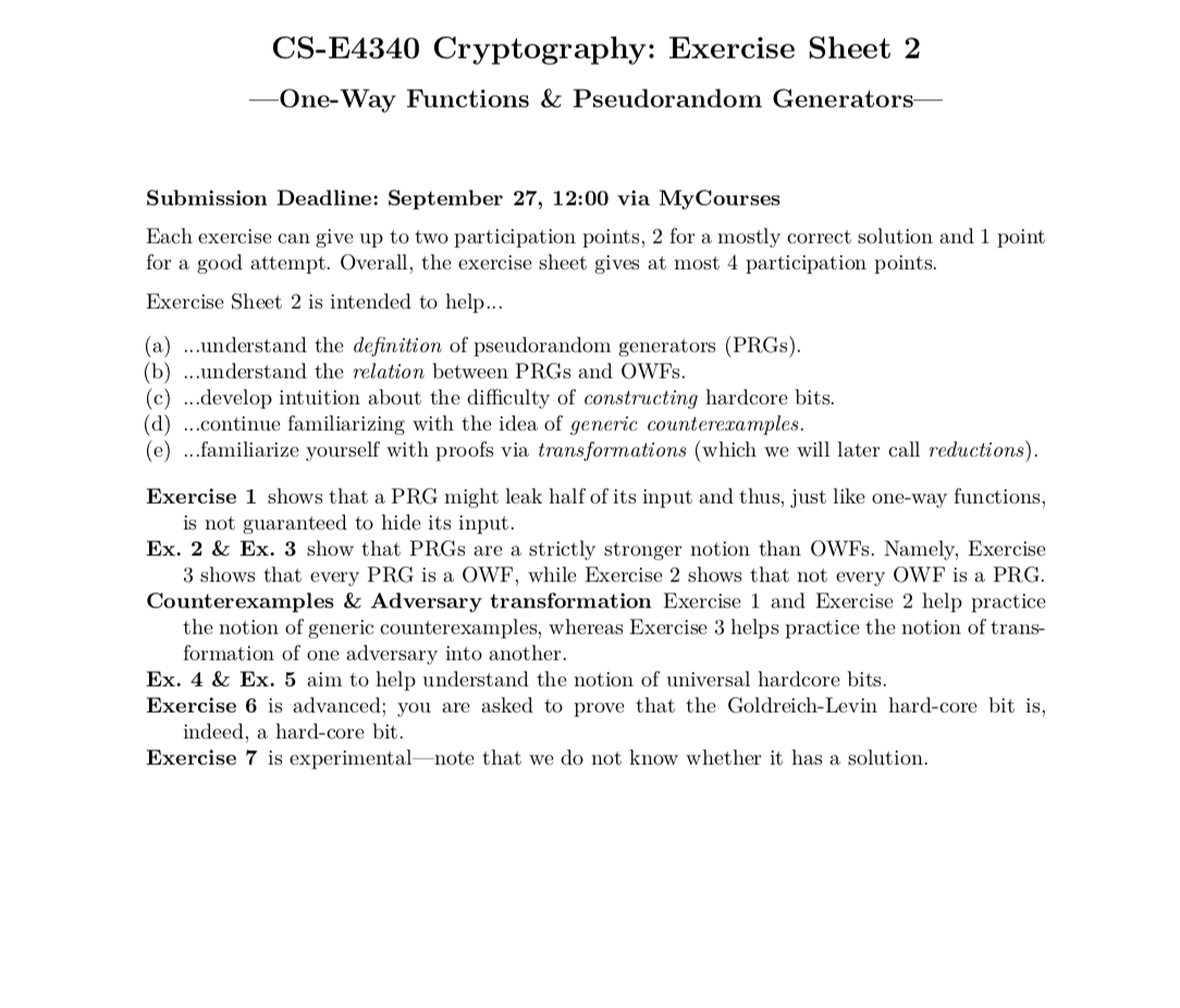 CS-E4340 Cryptography: Exercise Sheet 2 -One-Way | Chegg.com