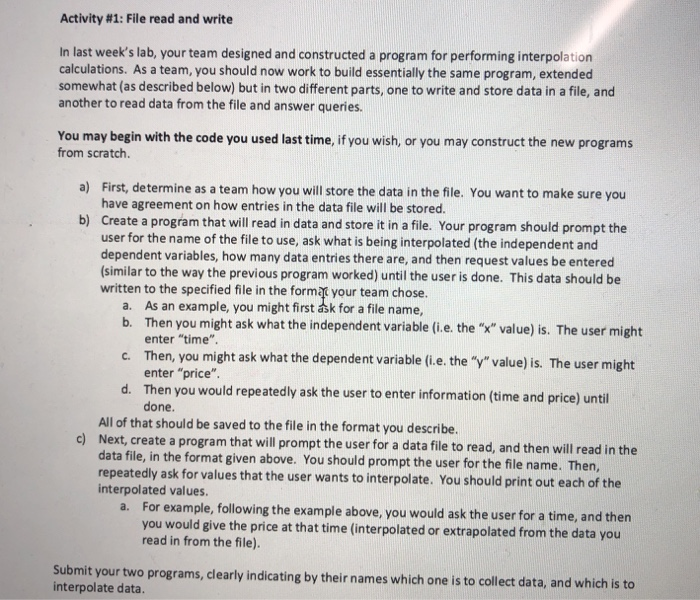Activity #1: File read and write In last week's lab, | Chegg.com