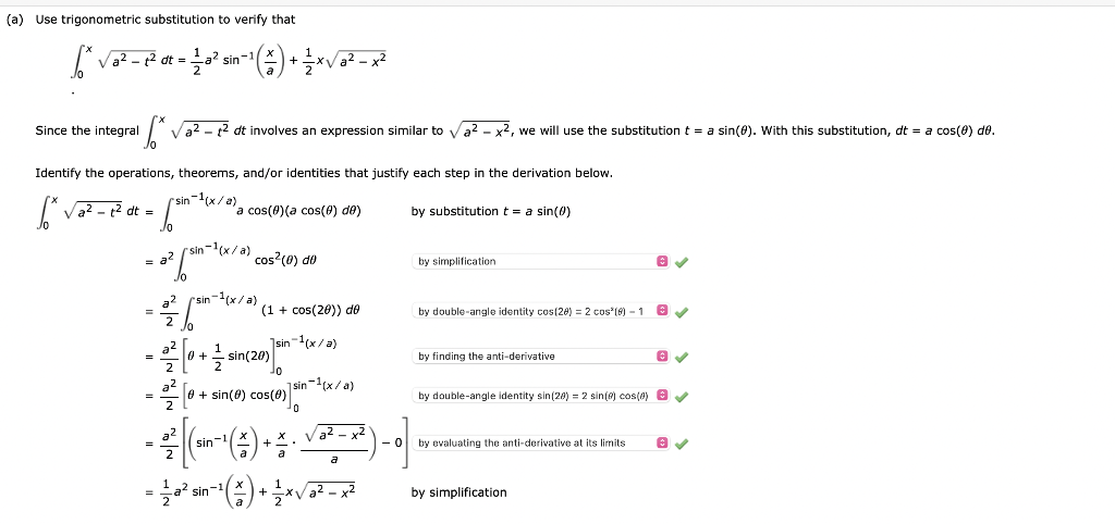 Solved (a) Use trigonometric substitution to verify that | Chegg.com