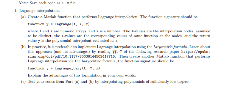 Solved Note: Save each code as a .m file. 1. Lagrange | Chegg.com