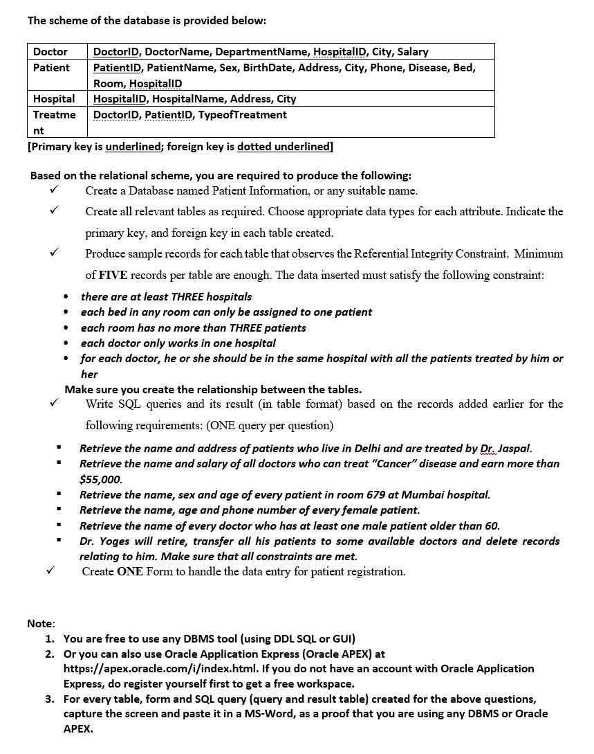 Solved The scheme of the database is provided below: Doctor | Chegg.com