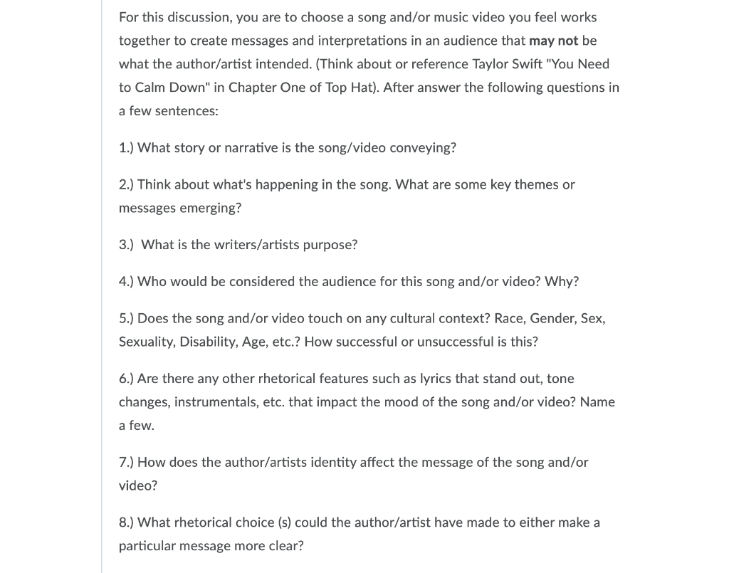 Solved For this discussion, you are to choose a song and/or | Chegg.com