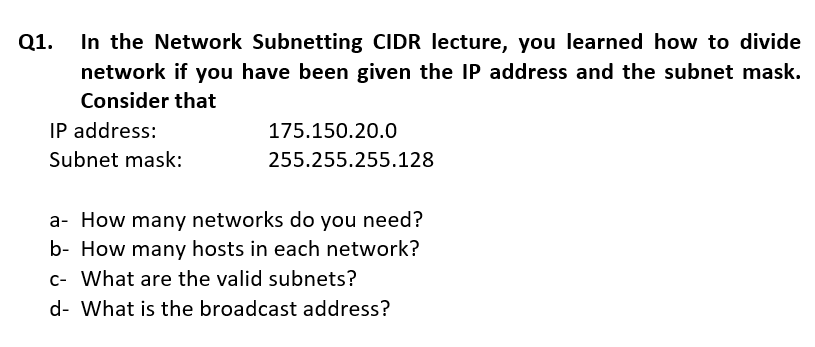 Solved Q1. In The Network Subnetting CIDR Lecture, You | Chegg.com