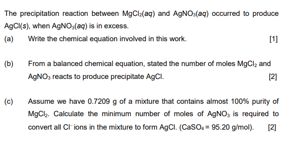 Solved The precipitation reaction between MgCl2(aq) and | Chegg.com