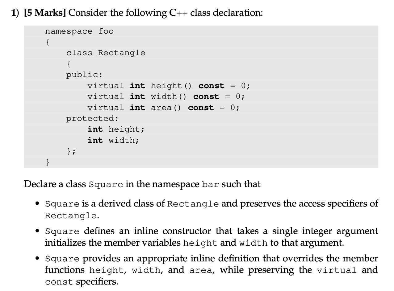 Solved 1) [5 Marks] Consider The Following C++ Class | Chegg.com