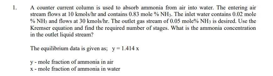 Solved 1. A counter current column is used to absorb ammonia | Chegg.com