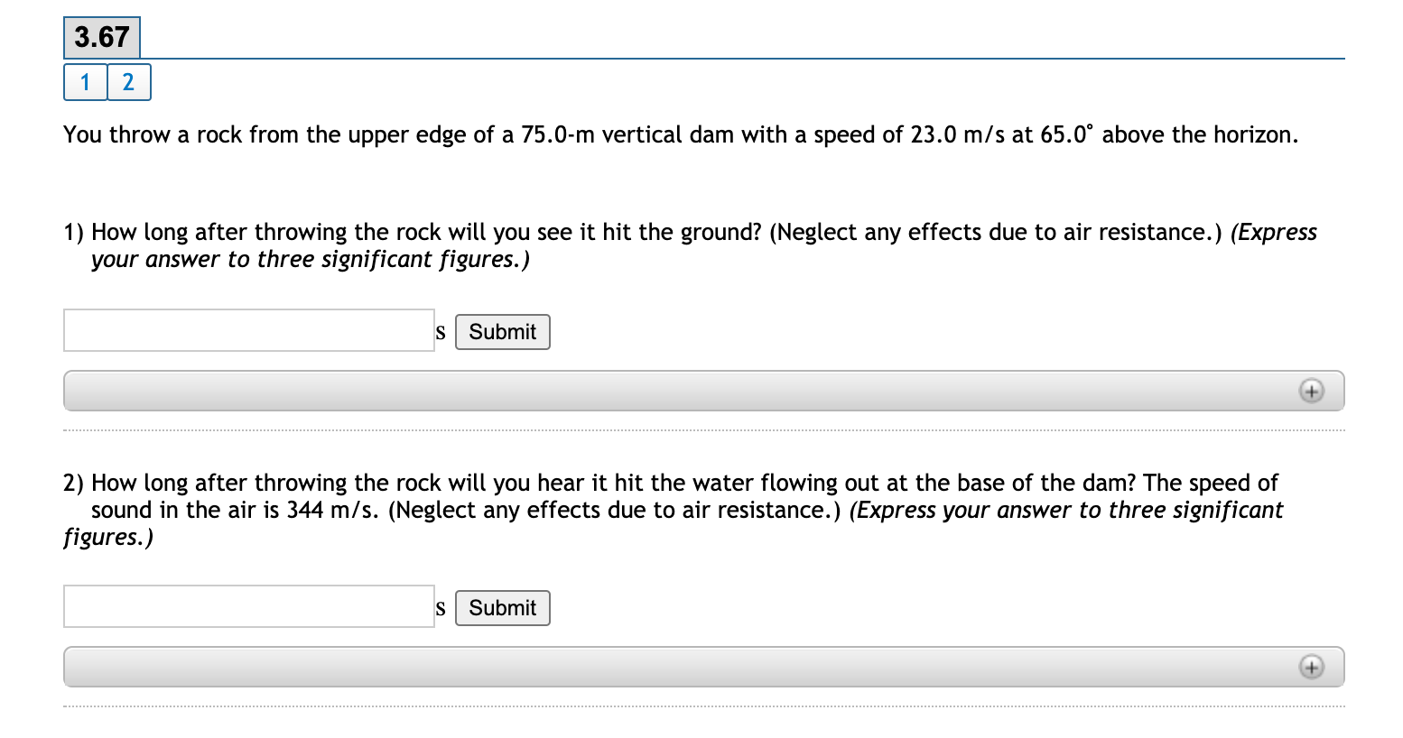 Solved 3.67 1 2 You throw a rock from the upper edge of a | Chegg.com