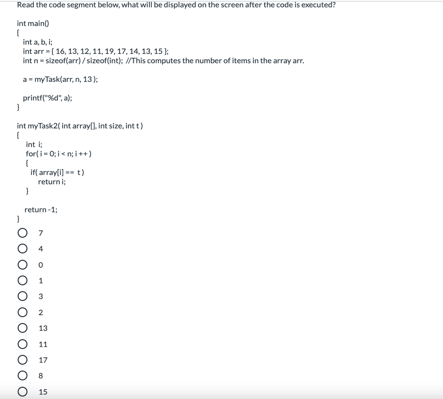 Solved Read the code segment below, what will be displayed | Chegg.com