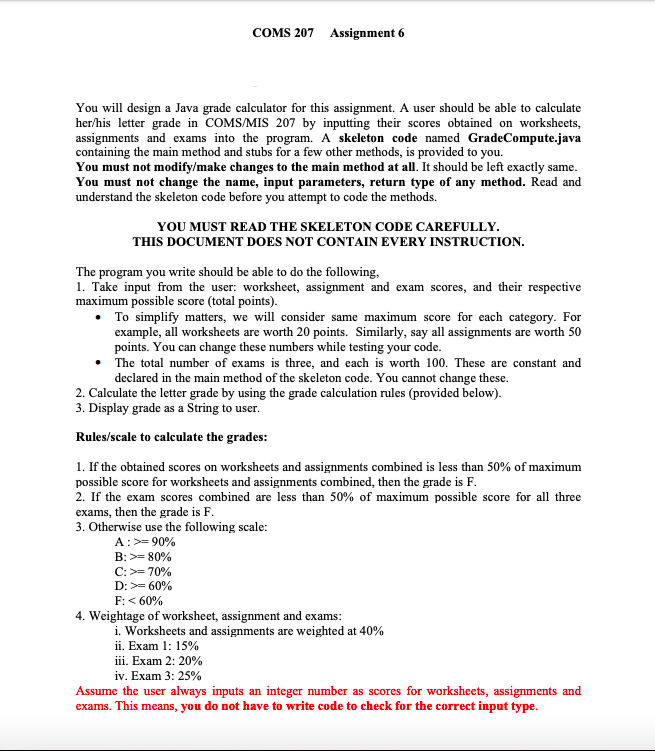 COMS 207 Assignment 6 You will design a Java grade | Chegg.com