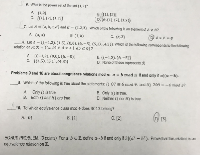 Solved 6. What is the power set of the set (1,2)? D){0,