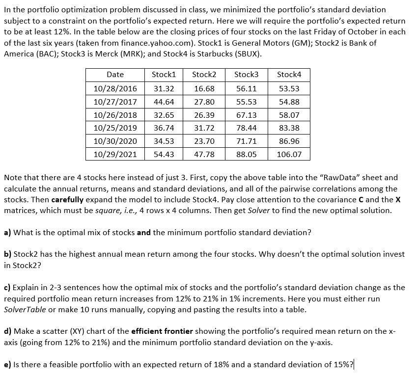 In the portfolio optimization problem discussed in | Chegg.com