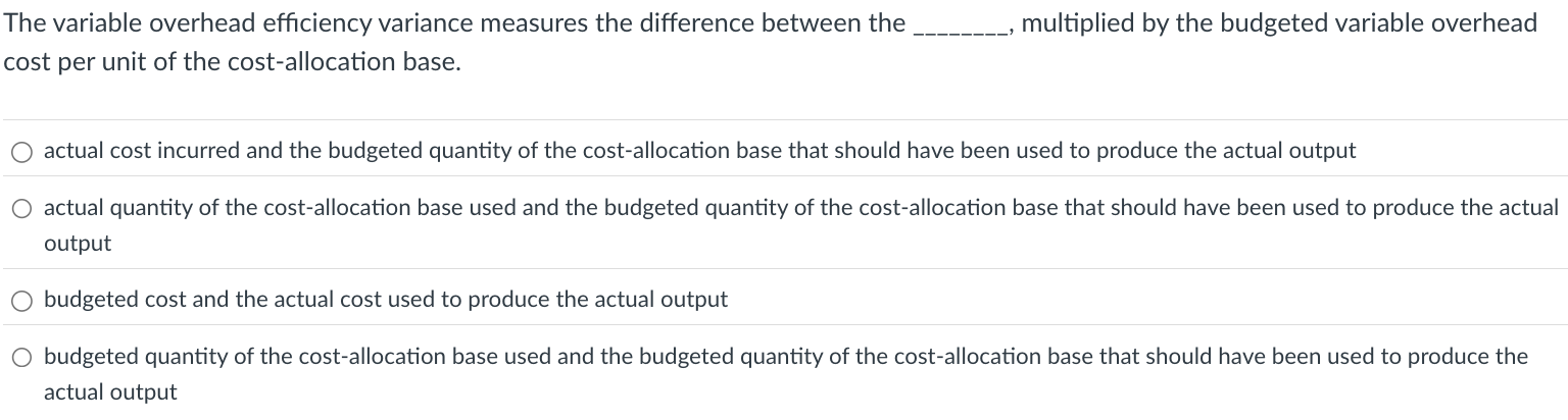 Solved The variable overhead efficiency variance measures | Chegg.com