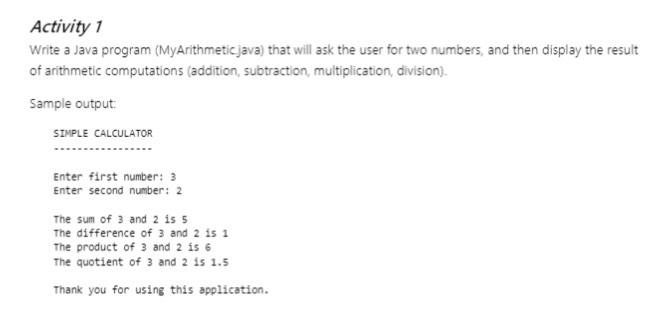 Solved Activity 1 Write a Java program (MyArithmeticjava) | Chegg.com