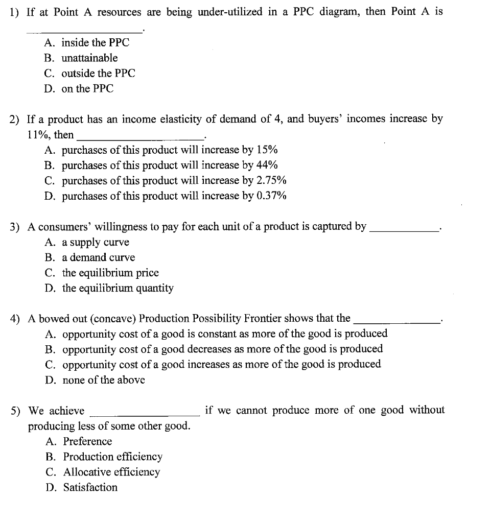 Solved being under-utilized in a PPC diagram, then Point A | Chegg.com