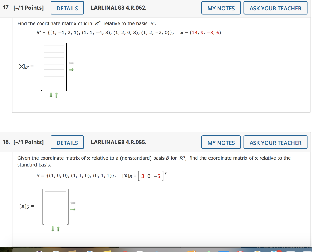 Solved Find The Coordinate Matrix Of X In Rn Relative To The | Chegg.com