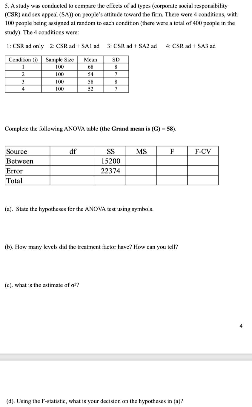 Solved 5. A study was conducted to compare the effects of ad | Chegg.com