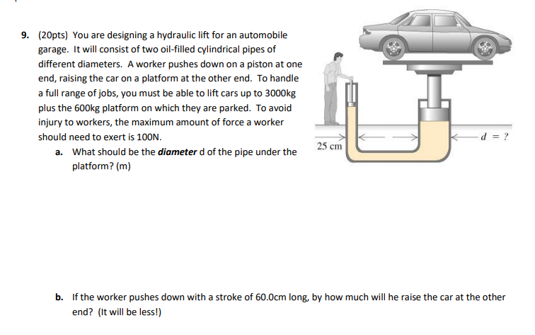 Solved 9. (20pts) You Are Designing A Hydraulic Lift For An | Chegg.com