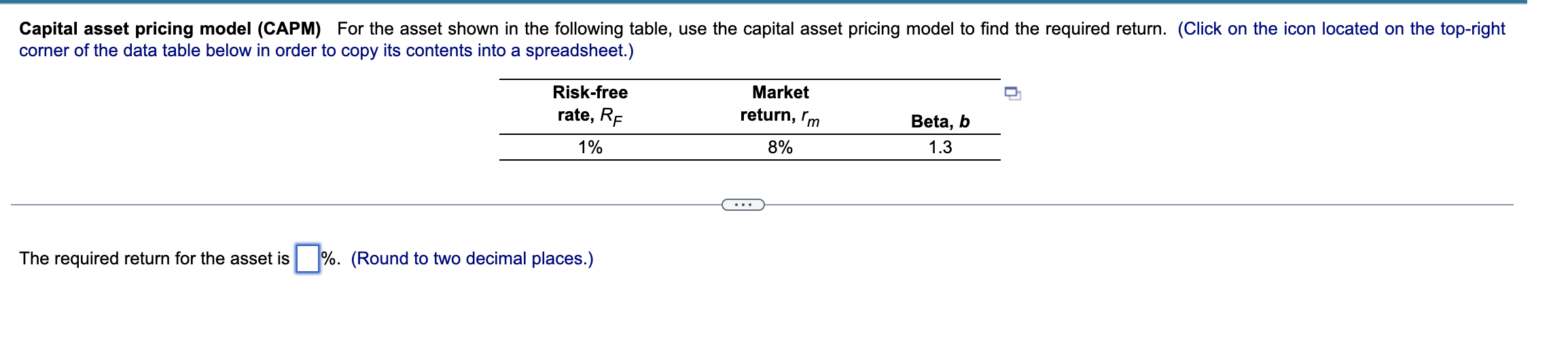 Solved Capital asset pricing model (CAPM) For the asset | Chegg.com